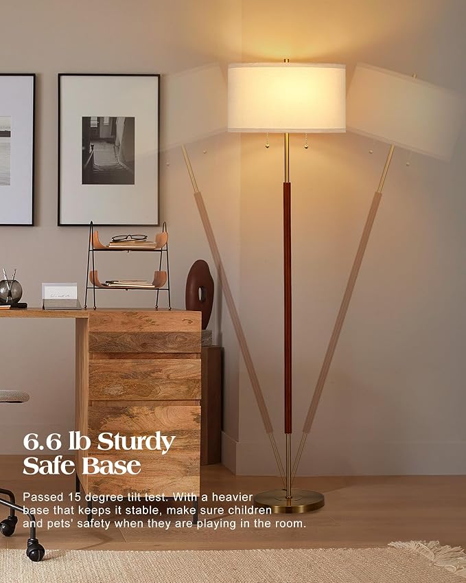 ELYONA Floor Lamp for Bedroom 2-Light Wood Standing Lamp White Fabric Shade Mid Century Modern Tall Pole Corner Light for Living Room Office 3 Color Temperatures 9W LED Bulbs Include, Brushed Brass