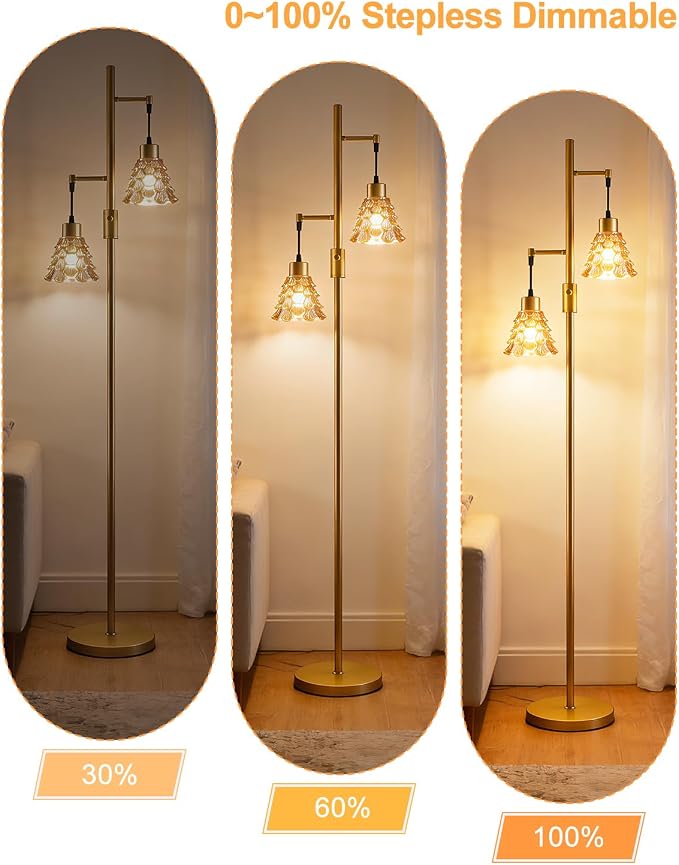 Lightdot 65IN Glass Floor Lamp for Living Room, 2- Light Gold Floor Lamps with Amber Glass Shade& Warm White Bulbs, Modern Standing Tall Lamp with 5Lbs Heavy Base for Bedroom/Corner Beside/Home Decor