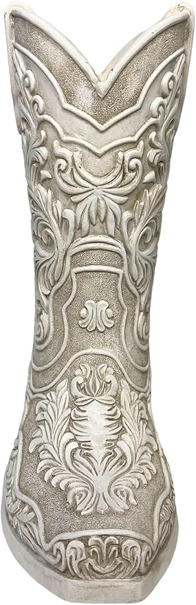 Cowgirl Boot Flower Vase – 9” Tall Antique White Finish with Intricate Tooled Leather Detailing - Decorative Western Cowboy Modern Rustic Decor