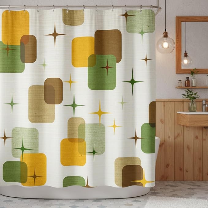 Mid-Century Modern Shower Curtain, Retro Geometric Atomic Starburst Design, Vintage 1950s Abstract Shapes Aesthetic Bathroom Decor, Waterproof Fabric, 72x72 Inch.