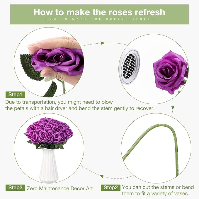 30 Pcs Rose Artificial Flowers in Bulk Real Touch Long Stem Silk Roses Bouquets Realistic Faux Flowers for Wedding Bridal Shower Home Decor Floral Arrangements Table Centerpiece(Purple)