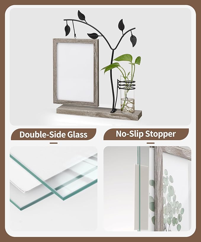 Afuly 5x7 Picture Frame with Bud Vase for Plants Flowers, Family Picture Frames Rustic Double Photo Frame Tabletop Display Decor, Anniversary Wedding Gifts, Dark Brown