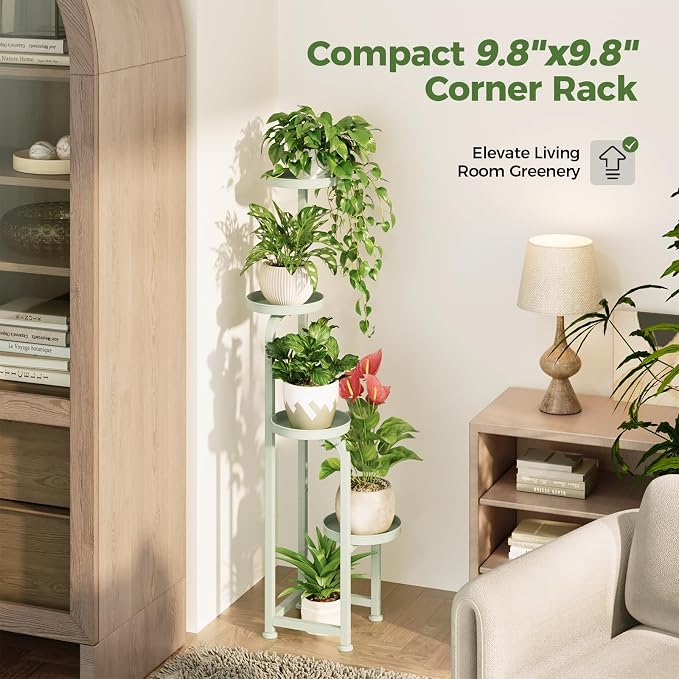 Bamworld Corner Plant Stand Indoor Outdoor, Tall Metal Flower Pot Stands for Multiple Plants, 4 Tier Mint Green Heavy Duty Plant Shelf for Patio Garden Balcony Living Room Bedroom(Patent Design)