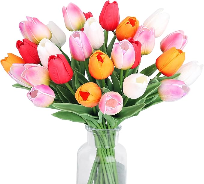 20pcs 14" Tulips Artificial Flowers for Real Touch Fake Tulips Slik Faux Flowers for Summer Wedding Bouquet Spring Mother's Day Home Decor (6 Color)