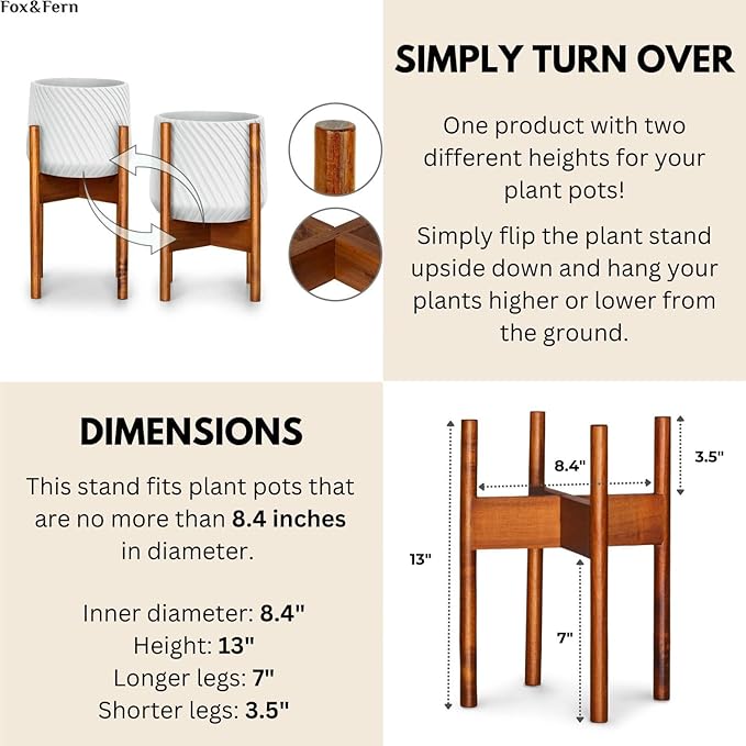 Fox & Fern Mid Century Plant Stand — 8 Inch Fixed Size Wooden Plant Stand for Indoor Planters (Not Included) - Raised Flower Pot Holder for Indoors - Plug In Design - Two Height Options - Acacia