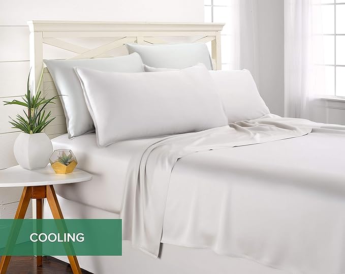 Pure Bamboo Split King Sheets, Genuine 100% Organic Viscose Derived from Bamboo Bed Sheet Set, Soft & Cooling, Double Stitching, 2 Fitted Sheets (Split King, White)