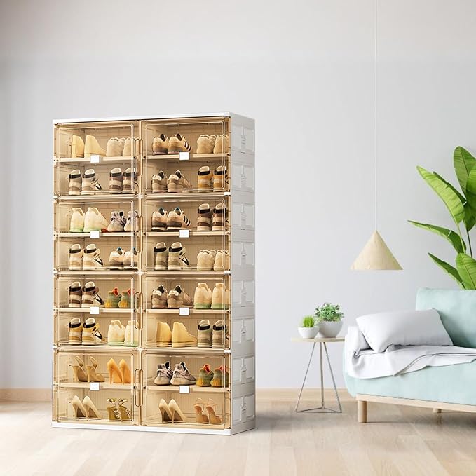 wesimple 32 Pairs Shoes Storage Cabinet of 3-Step Fast Installation,Plastic Shoe Rack with Clear Magnetic Door for Display, Shoe Organizer for Sneaker, Sandals, Heels (2 Row, 8 Tier)