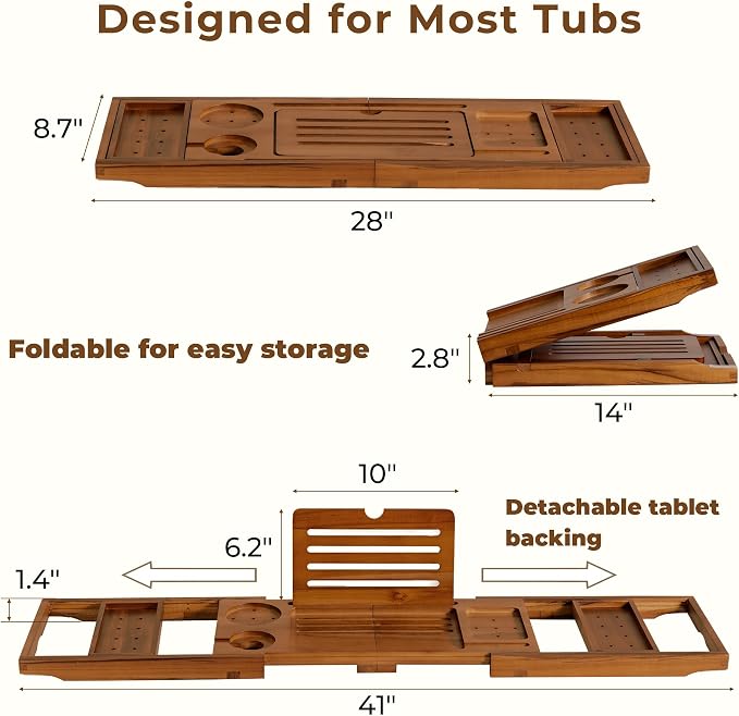 Teak Bathtub Tray, Luxury Bath Table Tray with Wine Glass and Phone Holders & Book Stand, Foldable Wooden Bathtub Caddy for Home Spa Relaxation, Bath Gift for Women（Natural Teak）