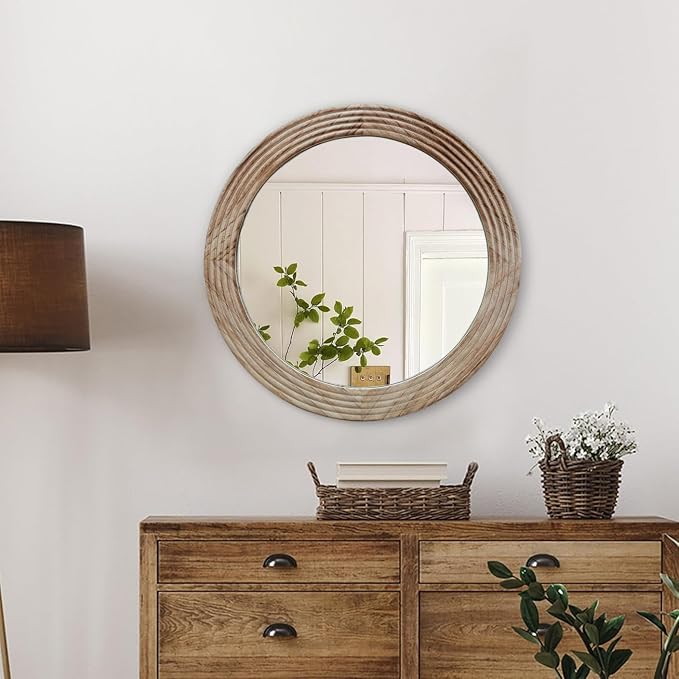 LOSOUR Round Mirror, Farmhouse Decor Solid Wood Frame Wall Circle Mirror, Decorative Mirrors for Bathroom Over Sink, Living Room, Entryway,Bedroom, Entryway, Hallway,Foyer (1, Brown, 24" L x 24" W)