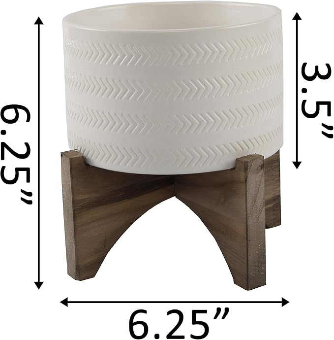 Flora Bunda 5 Inch Arrow Ceramic Planter on Wood Stand Mid Century,Matte White 5"