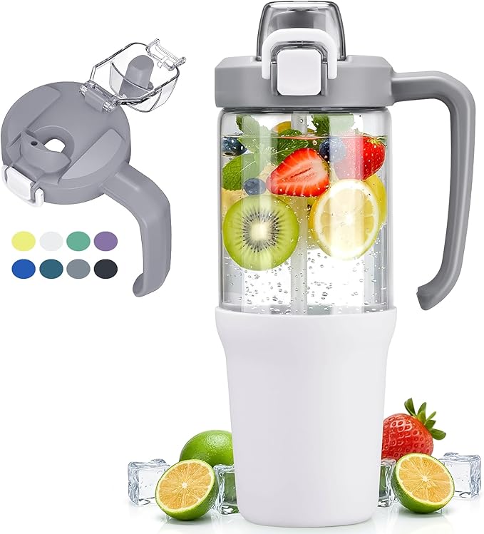 32oz Glass Water Bottle, 2-in-1 Straw and Sip Spout Lid, Leakproof Wide Mouth Tumbler with Handle, BPA-Free Reusable Bottle for Sports, Office, Outdoor, White