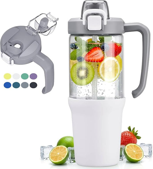 32oz Glass Water Bottle, 2-in-1 Straw and Sip Spout Lid, Leakproof Wide Mouth Tumbler with Handle, BPA-Free Reusable Bottle for Sports, Office, Outdoor, White