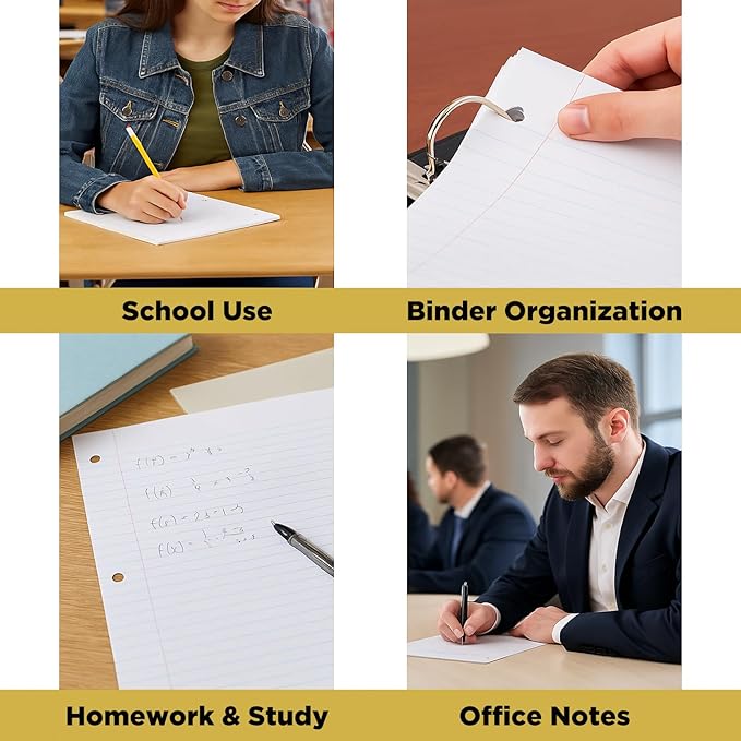 Woodlake Loose Leaf Paper, Wide Ruled Notebook Paper, 8 x 10.5”, 150 Sheets per Pack, 3 Pack Bulk Lined Filler Paper, 3 Hole Punched, 60gsm, Made in USA