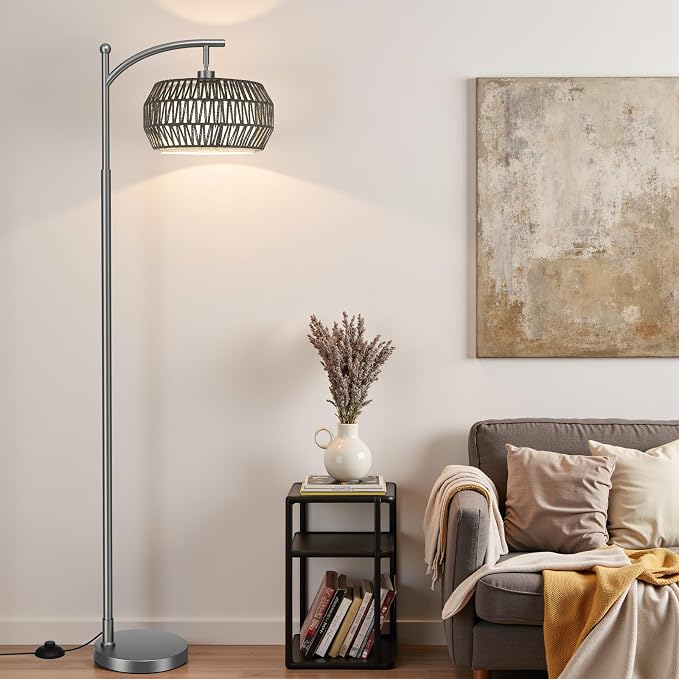 Ambimall Arc Floor Lamp for Living Room with Remote, Color Temperature & Brightness Adjustable, Bohemia Standing Lamp with Rattan & Fabric Double Drum Shades, Bulb Included(Deep Gray)