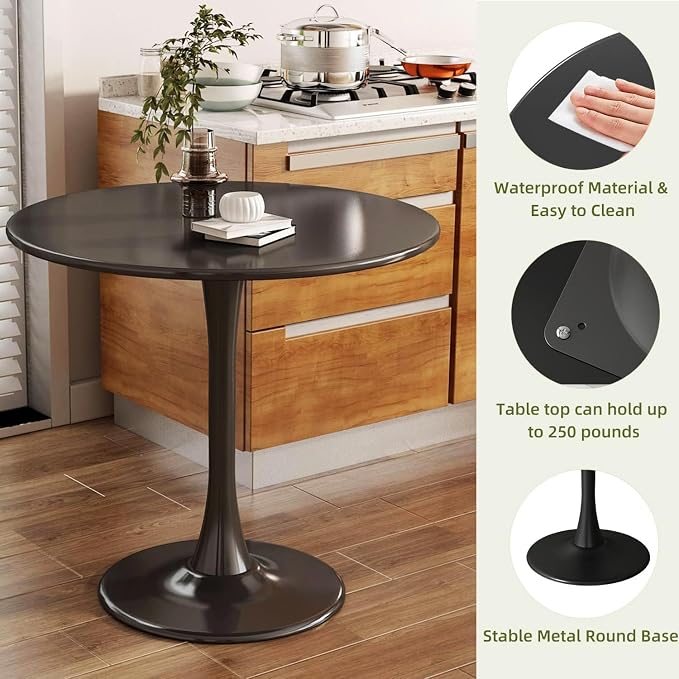 31.5" Tulip Table for 2-4 Persons Modern Round Dining Room Table, Mid-Century Modern Black Small Kitchen Table with MDF Wooden Top, Leisure Coffee Table for Living Room, Dining Room, Office