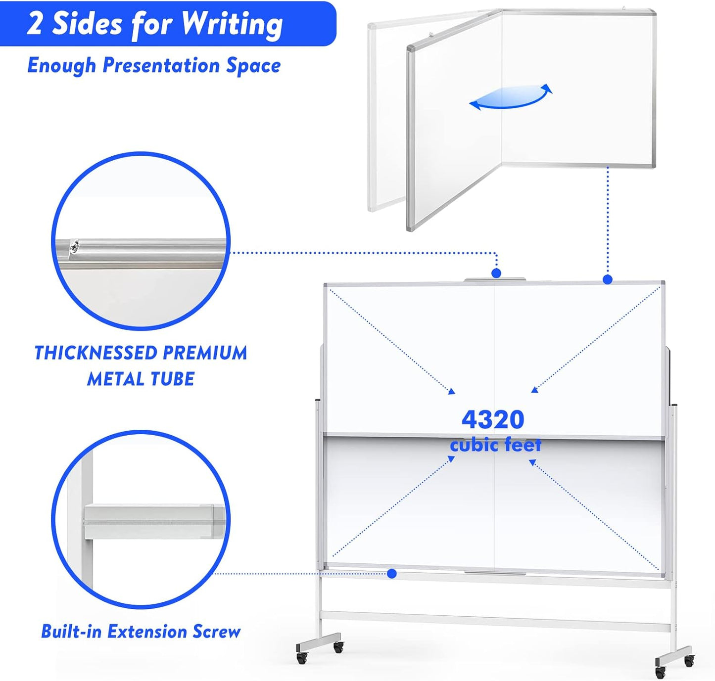 Skiennix Height Adjustable Dry Erase Whiteboard - 72x60 Inches Mobile Magnetic Easel for Office & Classroom