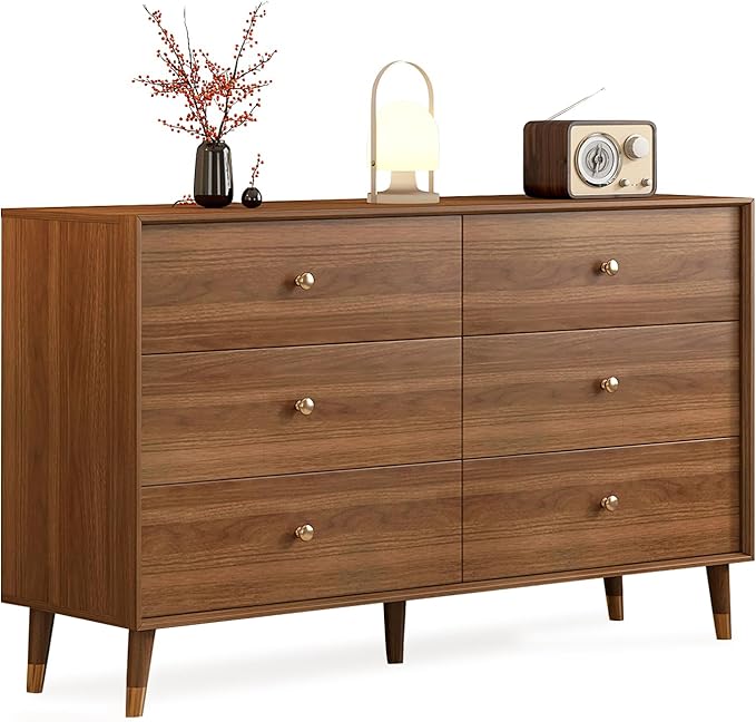 6-Drawer Dresser, Solid Wood Frame, Sturdy and Spacious Design, Modern Bedroom Storage Organizer, Multi-Functional Chest for Bedroom, Hallway, Living Room, or Office (Walnut Color, 47.2)