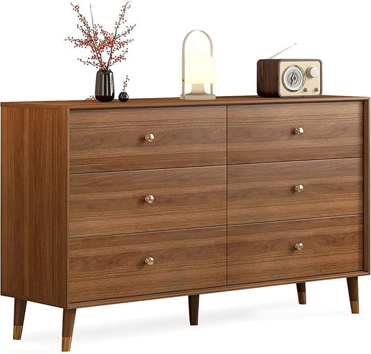 6-Drawer Dresser, Solid Wood Frame, Sturdy and Spacious Design, Modern Bedroom Storage Organizer, Multi-Functional Chest for Bedroom, Hallway, Living Room, or Office (Walnut Color, 47.2)