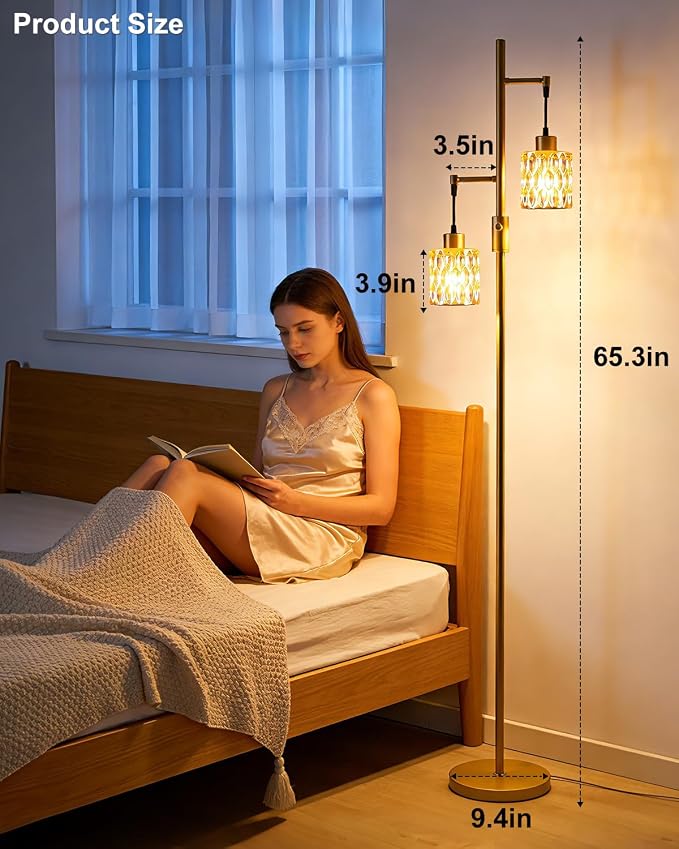 Lightdot 65IN Industrial Gold Floor Lamp for Living Room, 2- Light Amber Glass Floor Lamps with Warm White Bulbs, Modern Farmhouse Tree Standing Tall Lamp with 5Lbs Heavy Base for Bedroom Home Office