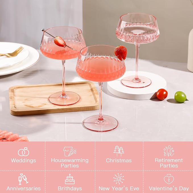 JOVGANK Pink Martini Glasses Set of 6, Hand Blown Cocktail Glass 14Oz, Large Vintage Champagne Coupe Glasses, Crystal Retro Style Bar Party Wedding Gift for Ice Cream Dessert