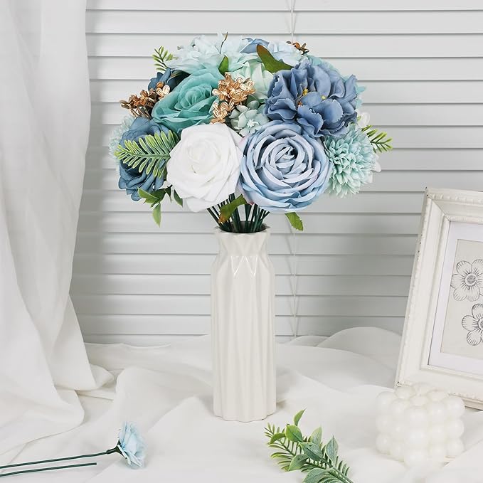 Artificial Flowers Combo Box Set Green Blue Bouquet Flowers for Wedding Centerpieces Arrangements Bridal Shower Party Decorations Fake Floral for Home
