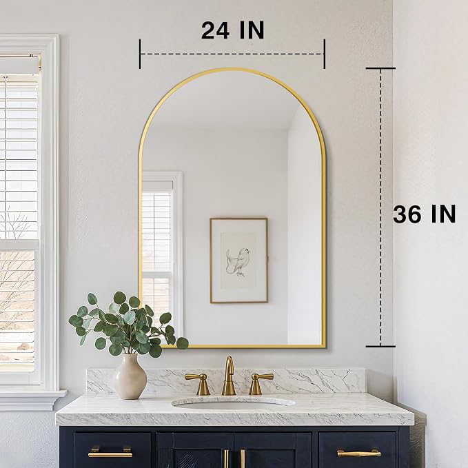 FICTOR Bathroom Mirror for Wall, Arched Vanity Bathroom Mirror for Over Sink, Metal Framed with HD Shatter-Proof Glass for Entryway, Living Room,Bedroom(2 Pack 24”x 36”, Gold)