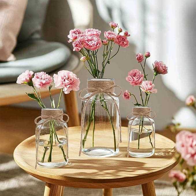 Vintage Glass Vases for Flowers, Set of 6 Clear Vases for Farmhouse Wedding Centerpiece Cylinder Bottle for Reception Table Decor Housewarming Birthday Floral Arrangements (S+M+L)