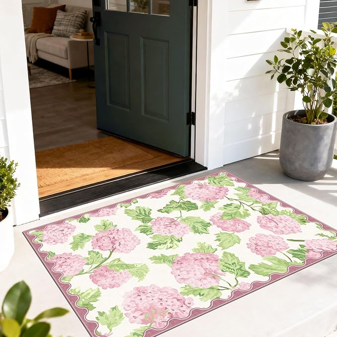 Summer Outdoor Rug - 28" x 43" Front Door Mat Indoor Outside Entrance Non-Slip Washable Outdoor Welcome Mats for Front Door Boho Pink Floral Rug for Entryway Kitchen Bedroom Front Porch Decor