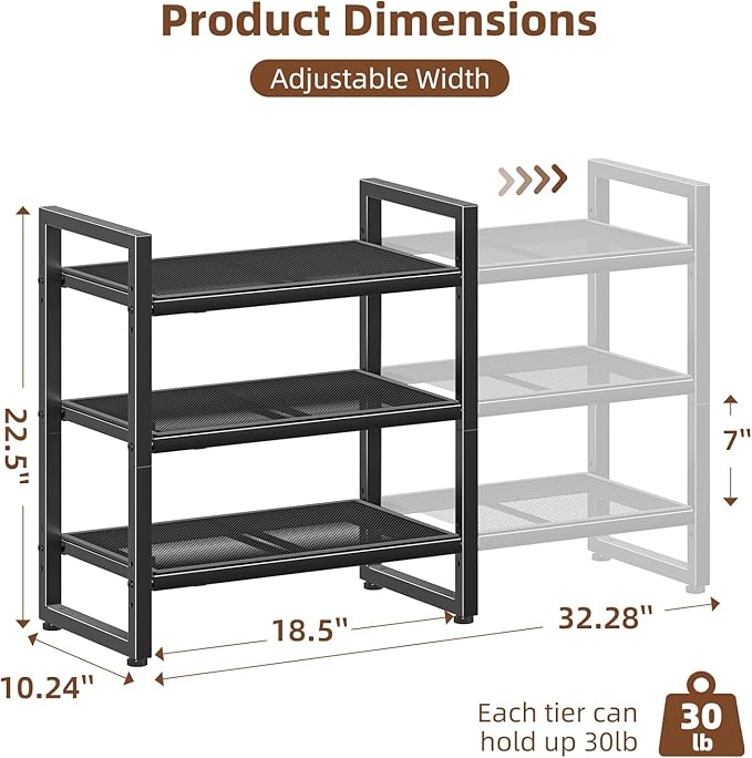 Simple Trending 3-Tier Expandable Shoe Rack, Adjustable & Stackable Shoe Organizer, Metal Mesh Free Standing Shoe Shelf Storage for Closet Entryway Doorway, Black