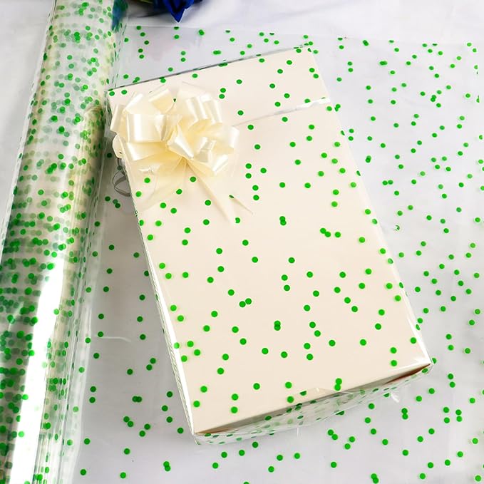 CMFYHM Clear Cellophane Wrap Roll (34" x 100’Ft) Green Polka Dot Cellophane, Transparent Cellophane Roll for Treats, Gifts, Baskets, Flowers, Birthday Party,Easter, Christmas Decorations