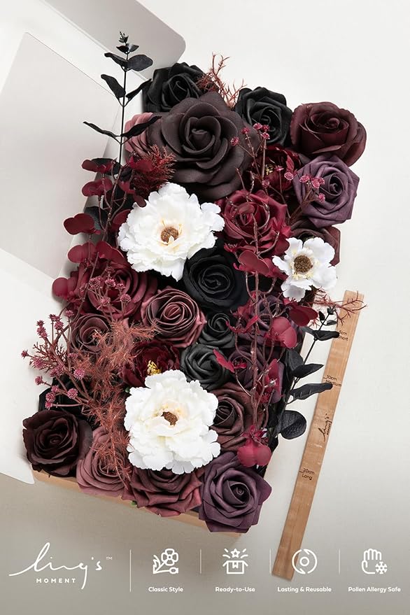 Ling's moment Fake Flowers Box, Faux Artificial Greenery Stems Foam Roses Peonies Silk Eucalyptus Leaves Fabic Flower for Centerpieces Bouquet Wedding Vase Decorations, Burgundy & Black, Deluxe Combo