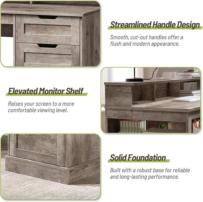 55-Inch Farmhouse Executive Desk with 2 Drawers and File Cabinet, Computer Desk with 3-Tier Storage Shelves, Home Office Desk with Charging Station, Pegboard and Monitor Shelf, Gray