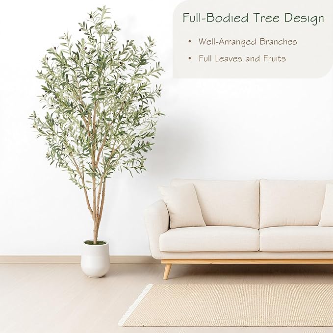 Bellacat 8ft Super Fuller Faux Olive Tree with White Decorative Planter & Multiple Real Wood Trunks, 96in Olive Trees Artificial Indoor with Realistic Fruit, Fake Olive Tree for Indoor & Outdoor Décor