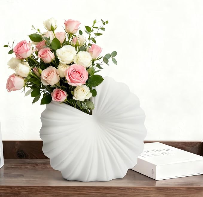 White Shell-Shaped Ceramic Vase for Flowers, 8 Inch Nordic Flower Vases