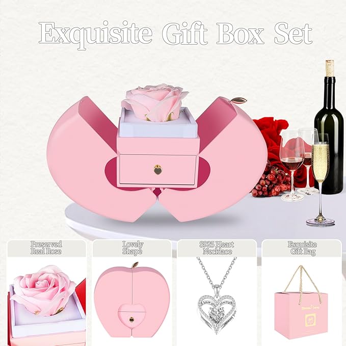 Preserved Real Pink Rose with S925 Sterling Silver Necklace, Gifts for Girlfriend, Women,Wife, Mom,Grandma on Christmas, Valentine's Day, Mother's Day, Birthday, Anniversary, Thanksgiving (Pink)
