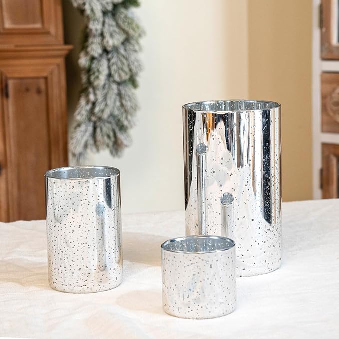 CHILL RECIPE Silver Cylinder Vases Glass Candle Holders Bulk, Mercury Hurricane Candle Holder Small Flower Vases for Centerpieces Tea Light Pillar Votive Candles Wedding Decor Party (4 Set 12Pcs)