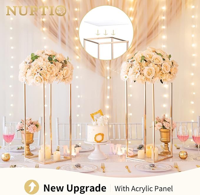 NUPTIO Wedding Centerpieces for Tables with Acrylic Panel - 10 Pcs 23⅝ inch Tall Gold Vases for Centerpieces - Flower Stand for Centerpiece Table Metal Vase Column Stand Vases for Party Decorations