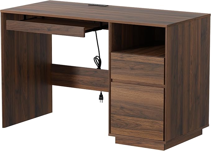 47" Office Desk, Home Office Desk with File Drawer & Open Storage & Power Outlet, Large Wooden Executive Desk for Study Writing, Brown