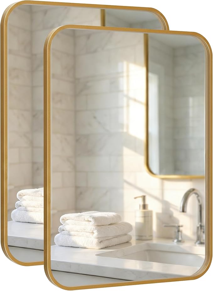 2-Pack 22x30 Inch Antique Gold Bathroom Vanity Mirrors | Flush Mount Deep Set Metal Wall Mirror for Over Sink | HD Shatterproof Glass, Rustproof