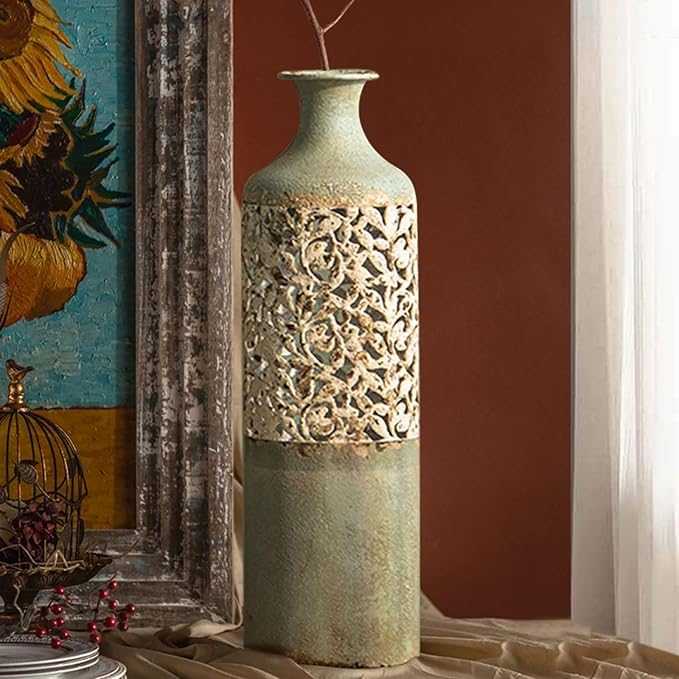 20.3″ Tall Metal Floor Vase – French Country Green & White Geometric Iron Cylinder Decorative Vase for Living Room • Entryway • Hallway (Rustic Romantic Accent & Dried/Faux Flowers)