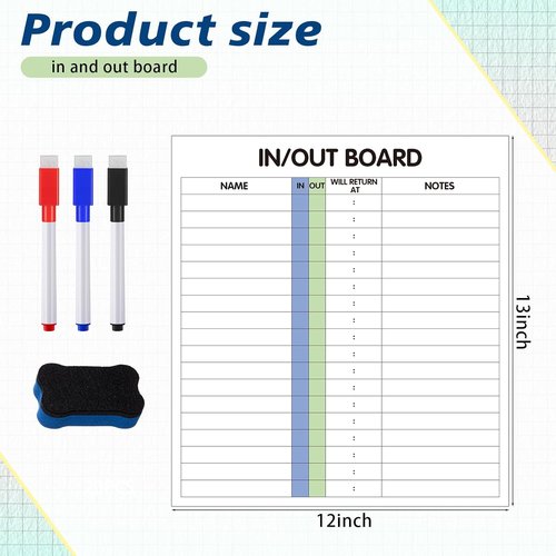 Lincia In/Out Dry Erase Board - 13" x 12" Frameless Employee Planner with Marker & Eraser