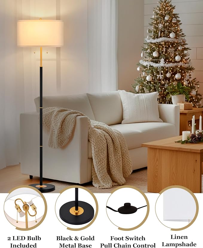 ELYONA 2-Light Floor Lamp Modern Reading Standing Light White Fabric Shade Vintage Tall Pole Corner Lamp for Bedroom Living Room Office 3 Color Temperatures LED Bulbs Include, Black & Brushed Gold