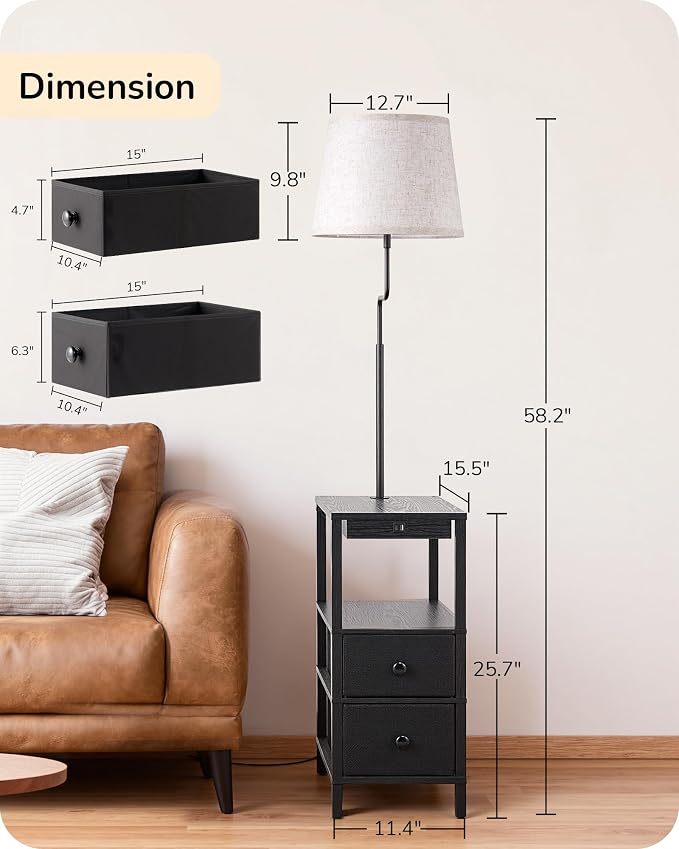 EDISHINE Floor Lamp with Table, USB-A+Type-C Port, Dimmable Bedside Floor Lamp with Shelves, Farmhouse Remote Nightstand Light for Living Room, Bedroom, Den, Office, Bulb Included, Black