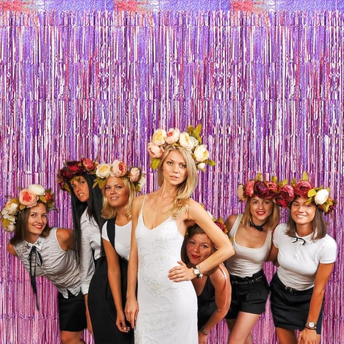 TONIFUL 3Pcs Laser Light Pink Door Streamers,Laser Pink Photo Booth Backdrop Metallic Streamers Pink Foil Fringe Curtains for Birthday,Christmas,New Year,Bachelorette,Grad Party(9.9ft x 6.6ft)