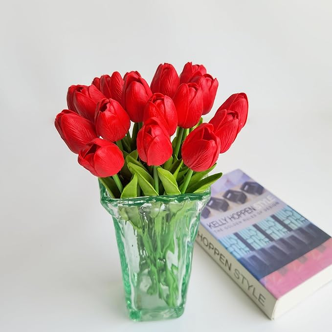20 Pcs 13” Real Touch Red Tulips Artificial Flowers, Latex PU Fake Faux Lifelike Flowers with Stems, for Christmas Valentine's Day Mother's Day Easter Home Decor Wedding Bouquet