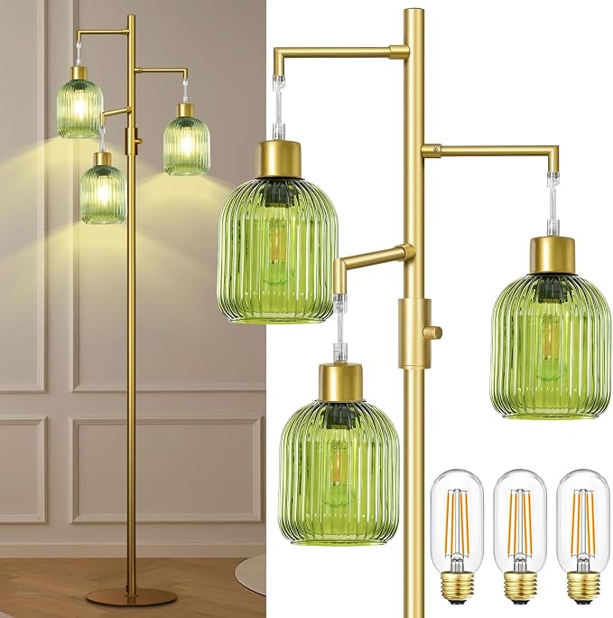 Modern Floor Lamps for Living Room, Glass Standing Lamp with Green Shade, Dimmable Ribbed Glass 3 Lights Floor Lamps, Mid Century Tall Lamp for Bedroom, 3 Bulbs Included