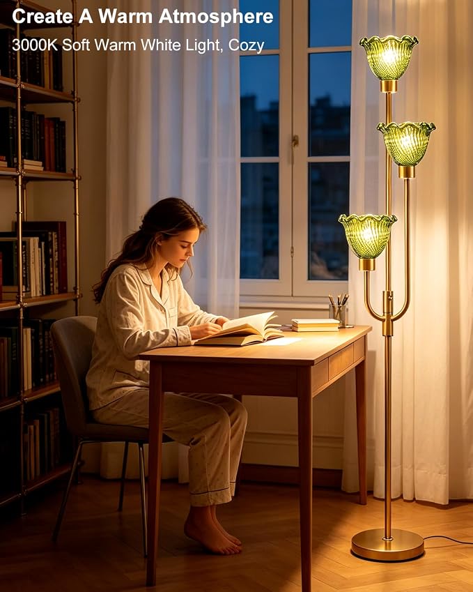 Lightdot 3-Lights Glass Floor Lamp 66IN Modern Gold Dimmable Floor Lamps with 3000K Warm White Bulbs for Wedding Party Tall Standing Lamp with Green Glass Shade for Living Room/Bedroom/Home Decor