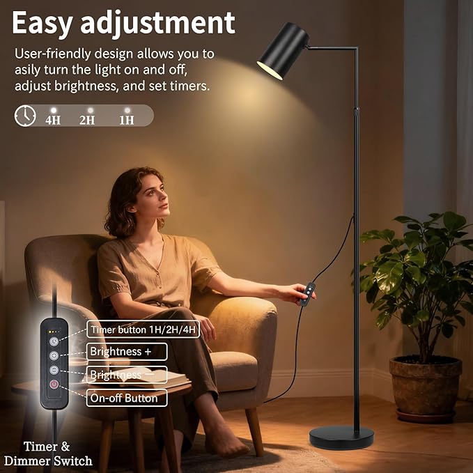 Ldeco Arc Black Floor Lamp for Living Room with Timer, Stepless Dimmable&Height Adjustable Modern Reading Standing Lamps for Living Room,Reading Room,Office,LED Bulb Included (Black-DM)