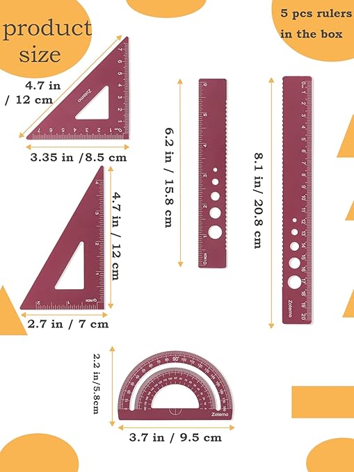 Zotemo Metal Geometry Set, 5-Piece Aluminum Ruler, Math Drafting Ruler Kit Includes Protractor, Triangle Rulers, Straight Rulers-Math Measurement Tools for School and Office Supplies (Plum Red)