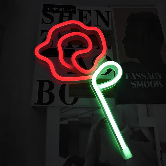 Rose Neon Sign - rose Flower with Green Stem Neon Art Wall Decor USB or 3-AA Battery Powered Operated for Girls Bedroom Birthday Gift Party Wedding Rose Lights for Bedroom (Red&Purple)